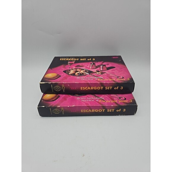 MCM Escargot Serving 2 sets of 3 pc set Stainless Steel Plate, Tongs, Fork Boxed - Picture 12 of 12
